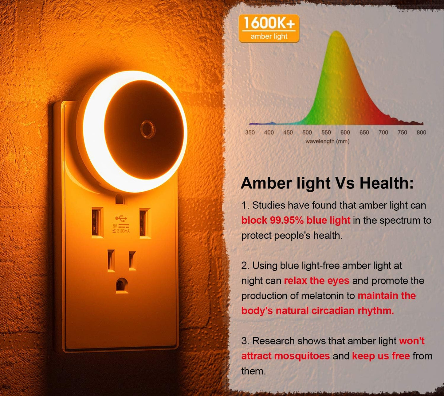 Red Night Light: Deep Sleep and Relaxation | 2-Pack | Dusk-to-Dawn Sensor | Ideal for Bedrooms